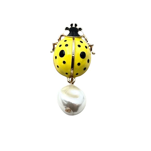 Womens Earrings Pierced Lady Bug Yellow Enamel Faux Pearl Gold Tone Chandelier - Picture 4 of 4